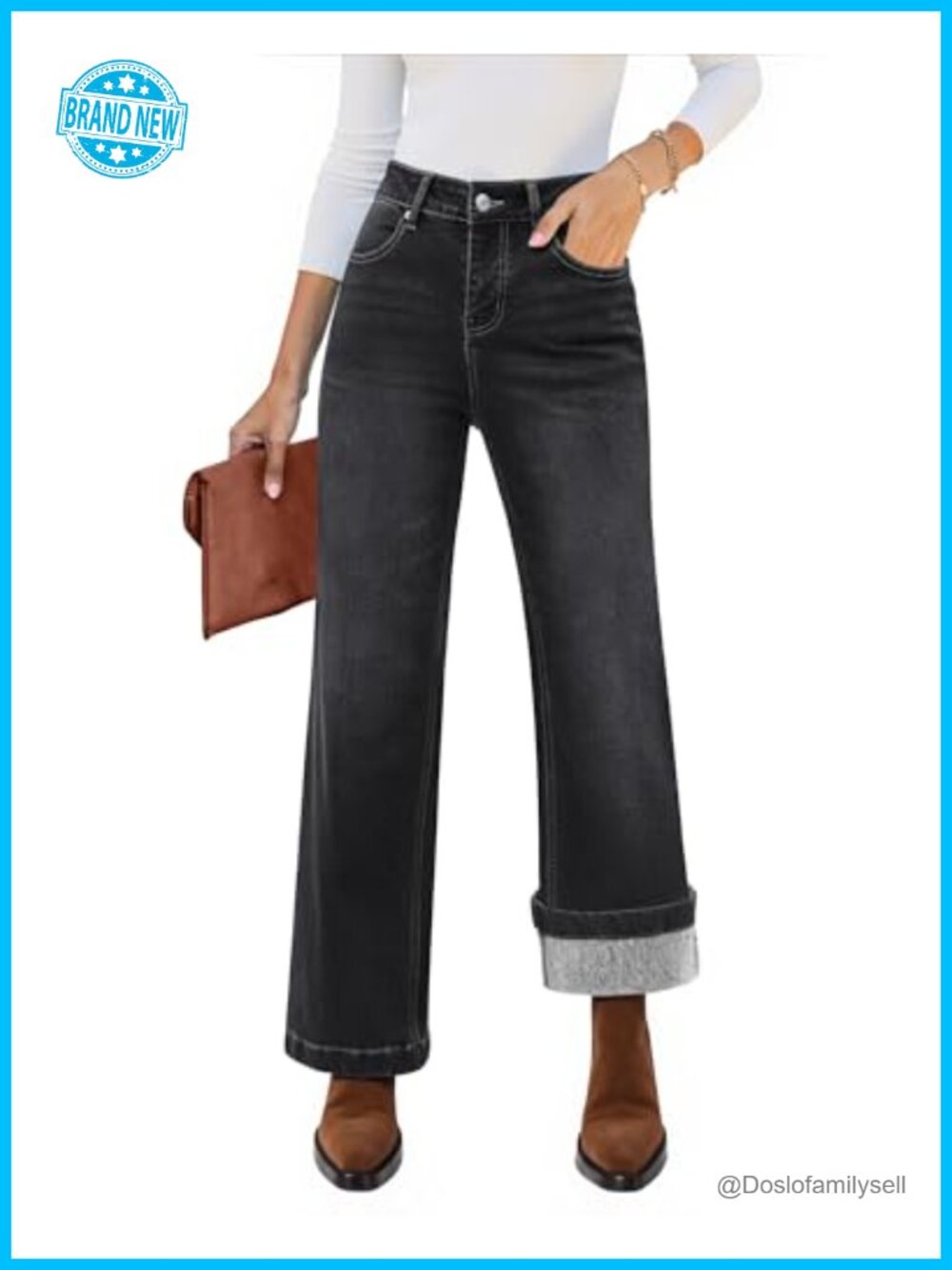 High Waisted Wide Leg Flare Jeans with Fleece Lining Stretchy Denim Pants